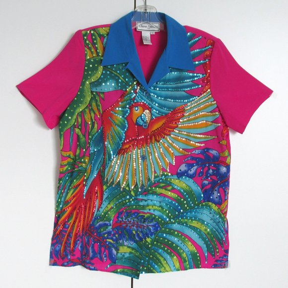 Diane Gilman 1980s Silk Parrot Sequin Top Fits M - Picture 1 of 4